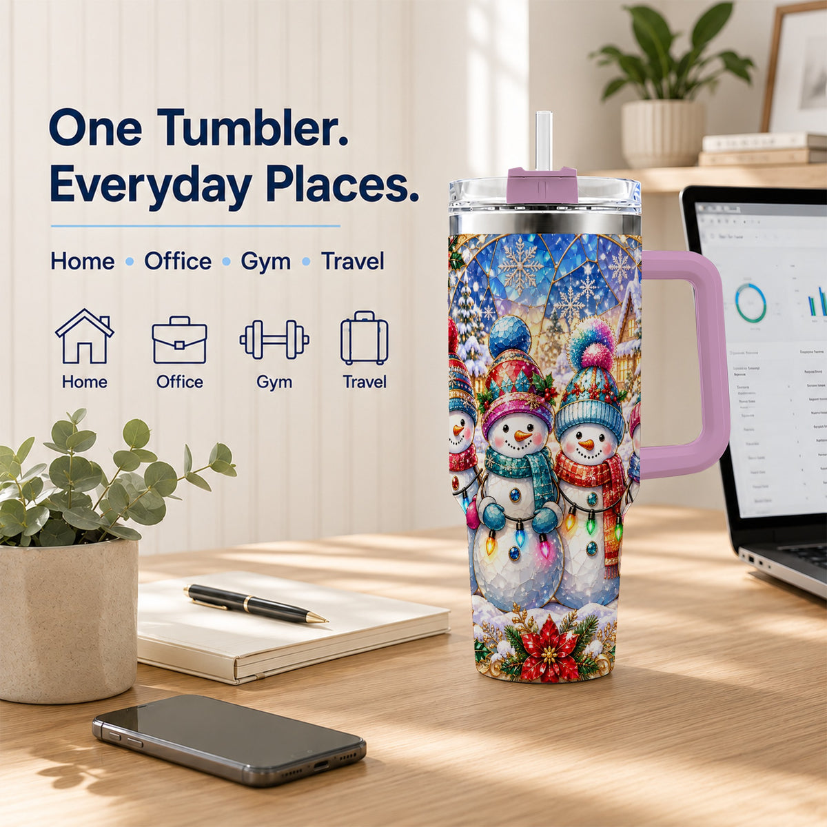 #pl[40oz|Pink] Snowman Family 40oz Tumbler with Handle, Colorful Winter Travel Cup