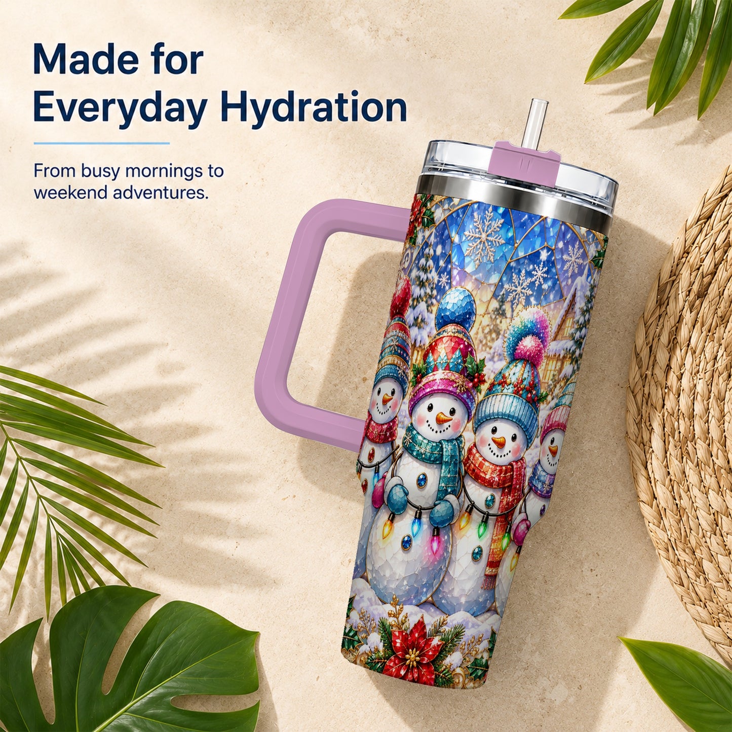 #pl[40oz|Pink] Snowman Family 40oz Tumbler with Handle, Colorful Winter Travel Cup