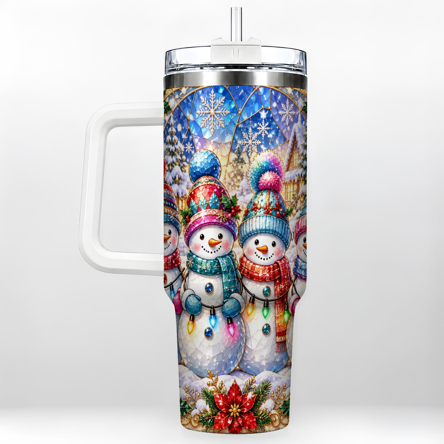Snowman Family 40oz Tumbler with Handle, Colorful Winter Travel Cup