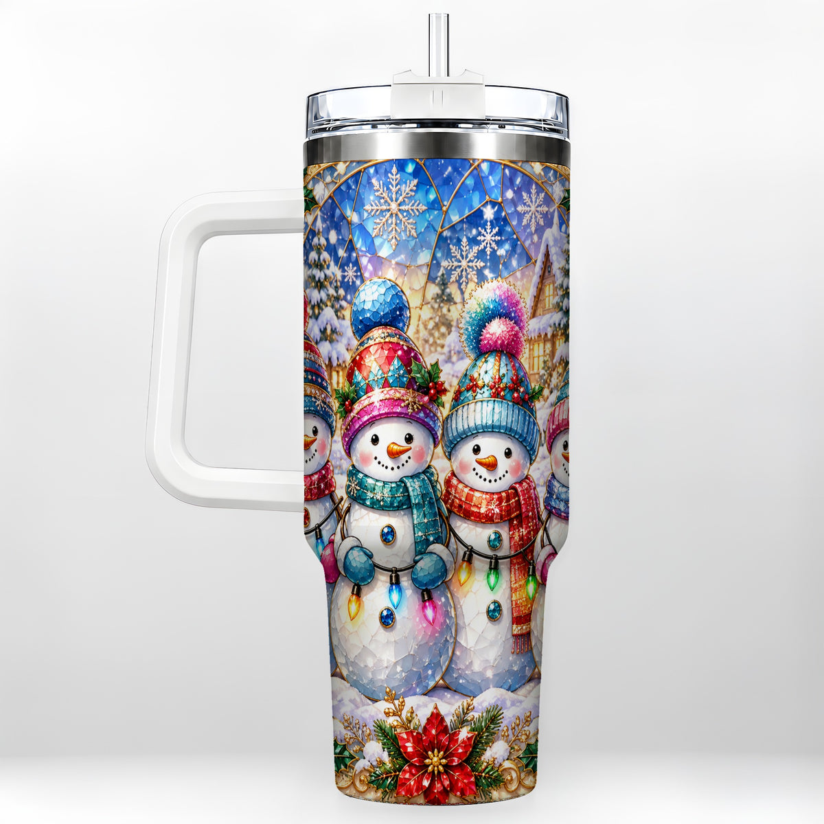 Snowman Family 40oz Tumbler with Handle, Colorful Winter Travel Cup