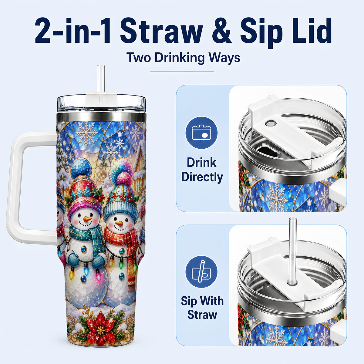 #pl[40oz|White] Snowman Family 40oz Tumbler with Handle, Colorful Winter Travel Cup