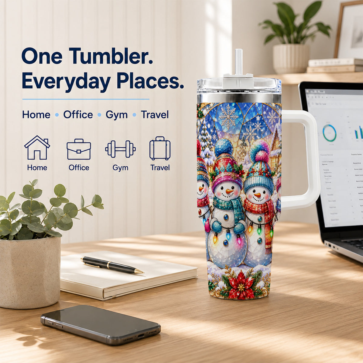 #pl[40oz|White] Snowman Family 40oz Tumbler with Handle, Colorful Winter Travel Cup