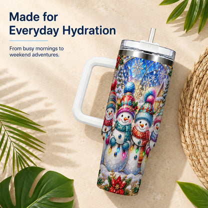 #pl[40oz|White] Snowman Family 40oz Tumbler with Handle, Colorful Winter Travel Cup