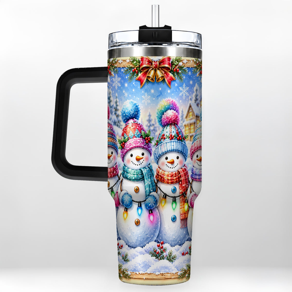 #pl[40oz|Black] Snowman Friends 40oz Tumbler with Handle, Winter Village Travel Cup