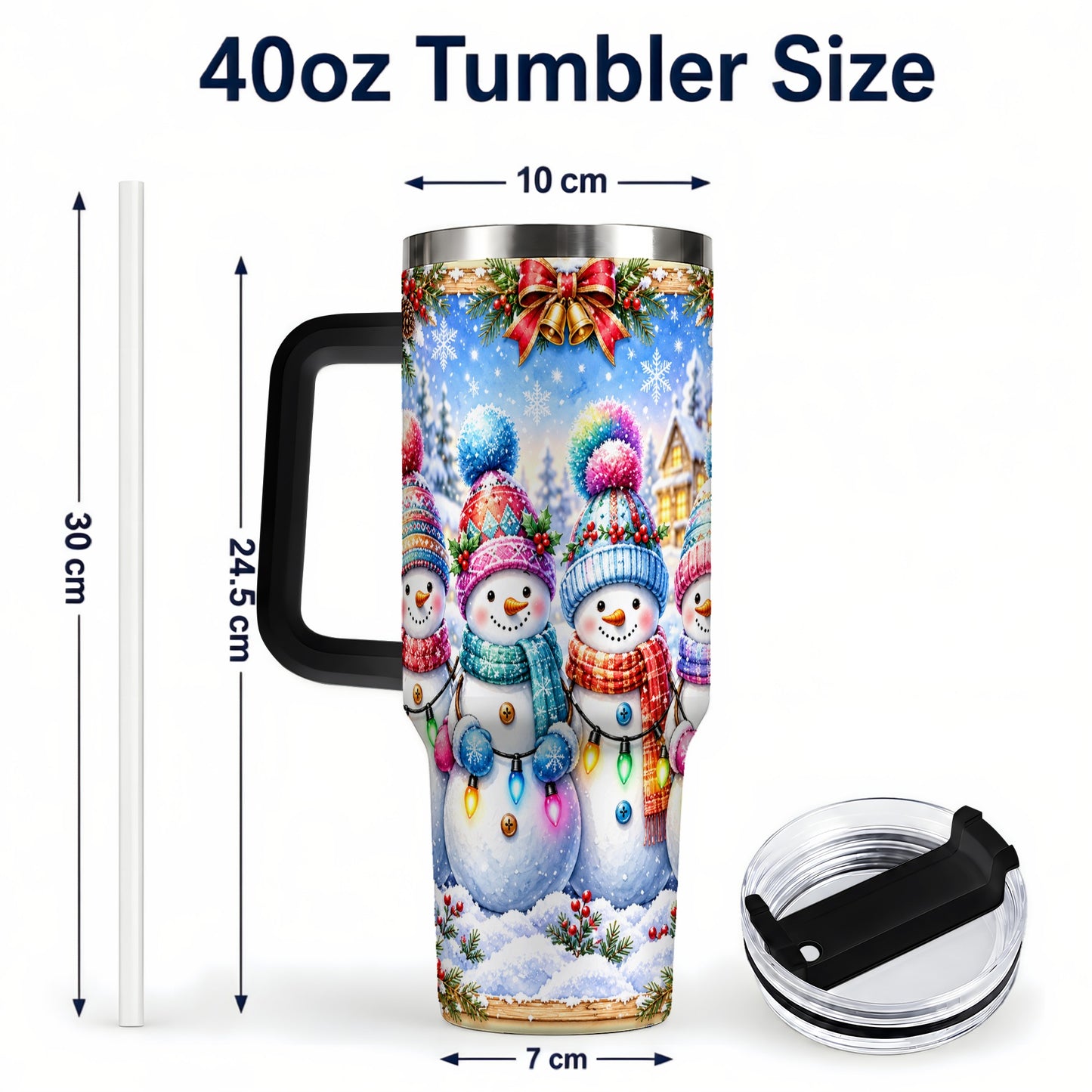 #pl[40oz|Black] Snowman Friends 40oz Tumbler with Handle, Winter Village Travel Cup