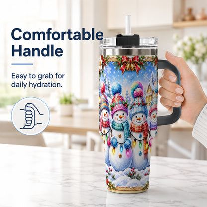 #pl[40oz|Black] Snowman Friends 40oz Tumbler with Handle, Winter Village Travel Cup