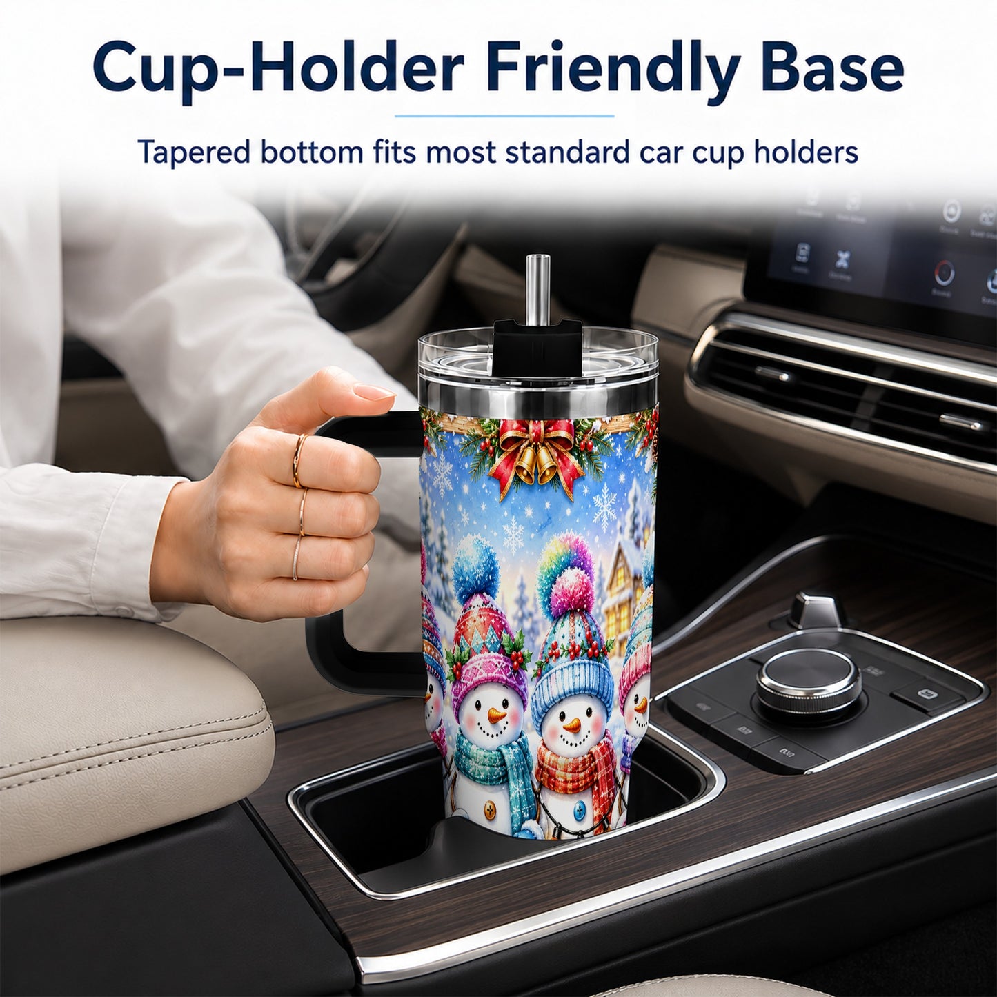 #pl[40oz|Black] Snowman Friends 40oz Tumbler with Handle, Winter Village Travel Cup