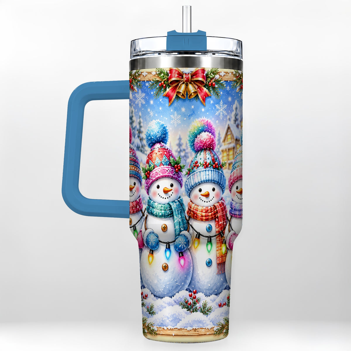 #pl[40oz|Blue] Snowman Friends 40oz Tumbler with Handle, Winter Village Travel Cup