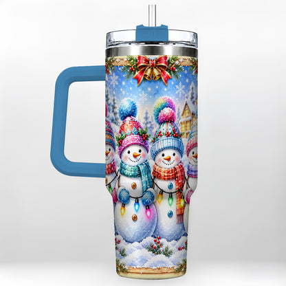 #pl[40oz|Blue] Snowman Friends 40oz Tumbler with Handle, Winter Village Travel Cup