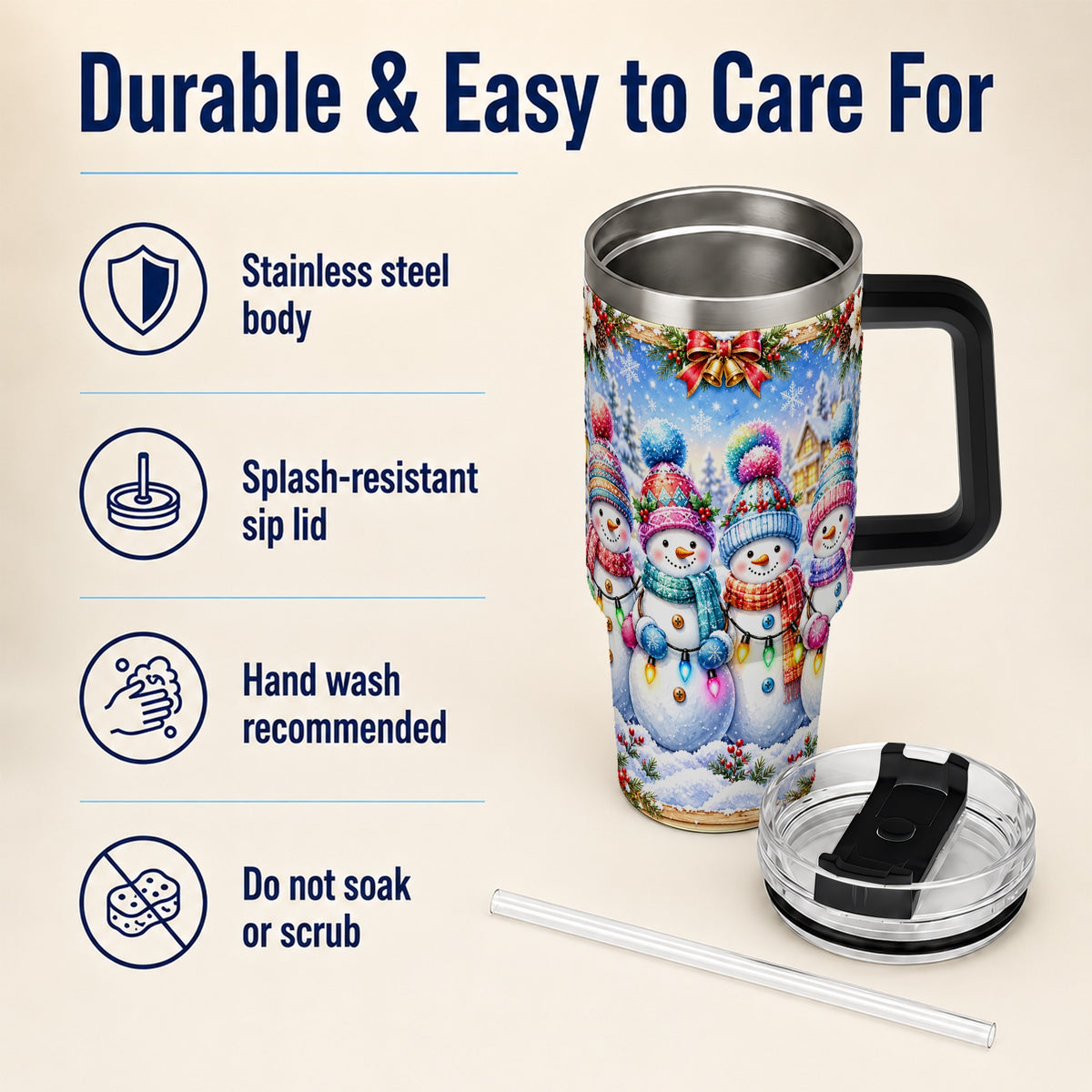 #pl[40oz|Black] Snowman Friends 40oz Tumbler with Handle, Winter Village Travel Cup