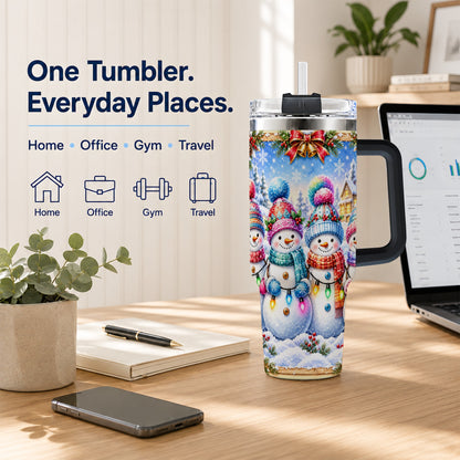 #pl[40oz|Black] Snowman Friends 40oz Tumbler with Handle, Winter Village Travel Cup