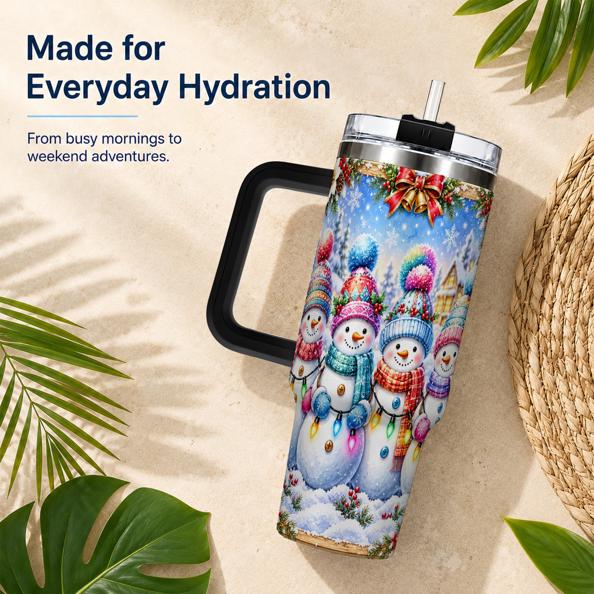 #pl[40oz|Black] Snowman Friends 40oz Tumbler with Handle, Winter Village Travel Cup