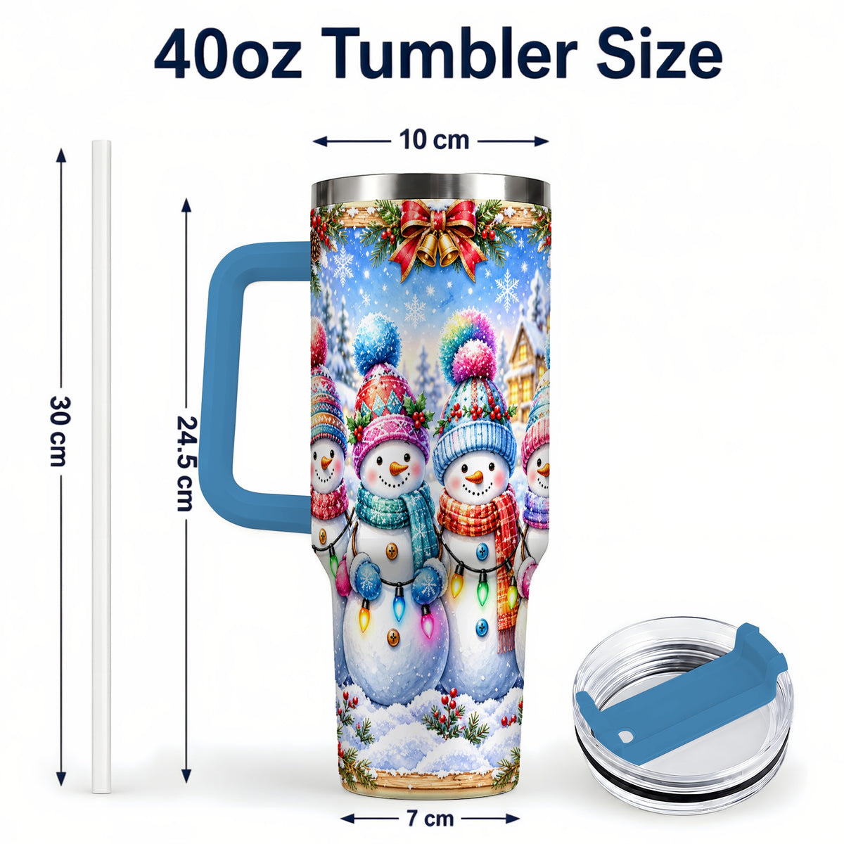 #pl[40oz|Blue] Snowman Friends 40oz Tumbler with Handle, Winter Village Travel Cup