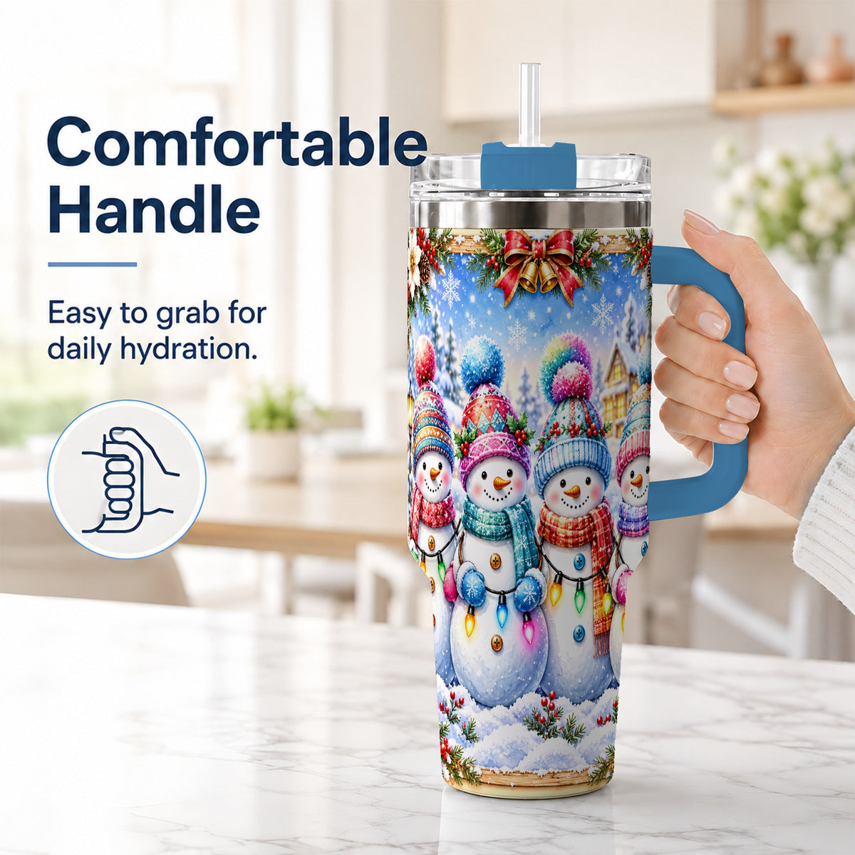 #pl[40oz|Blue] Snowman Friends 40oz Tumbler with Handle, Winter Village Travel Cup