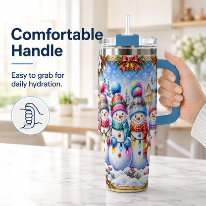 #pl[40oz|Blue] Snowman Friends 40oz Tumbler with Handle, Winter Village Travel Cup
