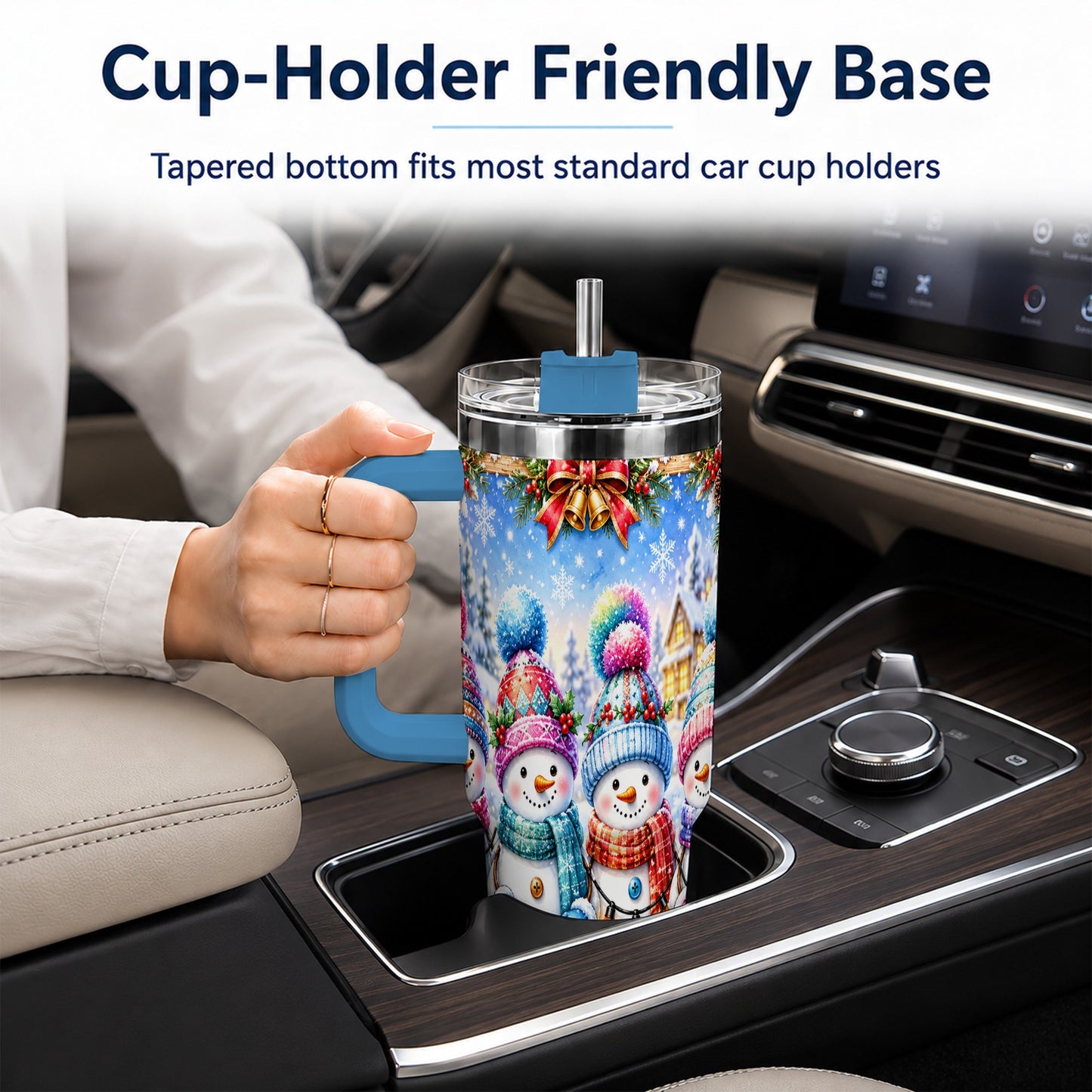 #pl[40oz|Blue] Snowman Friends 40oz Tumbler with Handle, Winter Village Travel Cup
