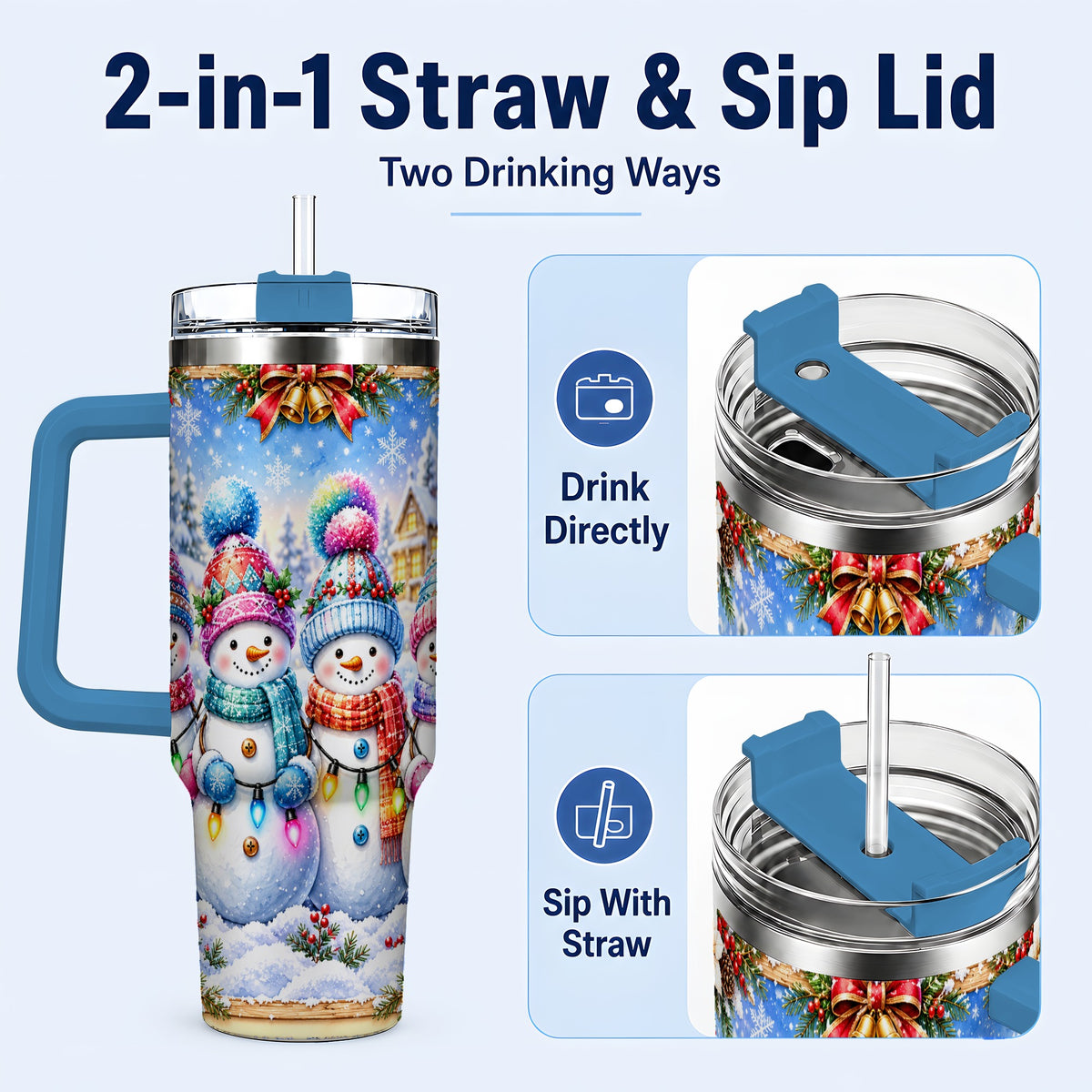 #pl[40oz|Blue] Snowman Friends 40oz Tumbler with Handle, Winter Village Travel Cup