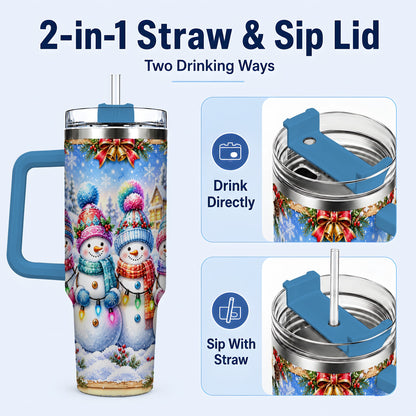 #pl[40oz|Blue] Snowman Friends 40oz Tumbler with Handle, Winter Village Travel Cup