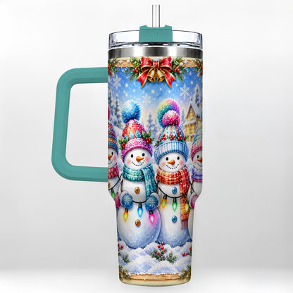 #pl[40oz|Green] Snowman Friends 40oz Tumbler with Handle, Winter Village Travel Cup