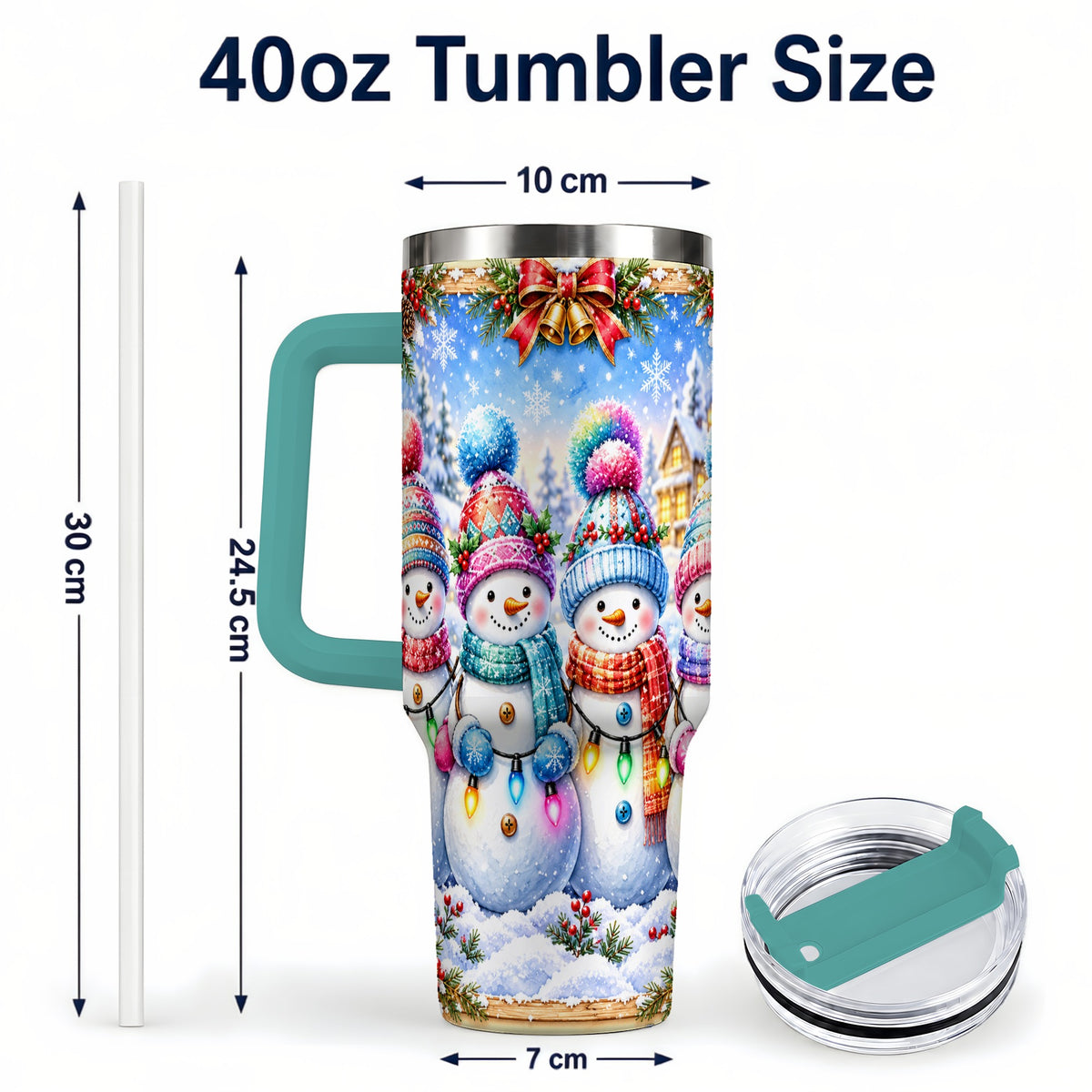 #pl[40oz|Green] Snowman Friends 40oz Tumbler with Handle, Winter Village Travel Cup
