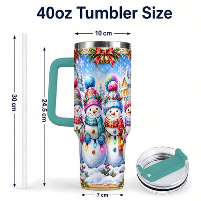 #pl[40oz|Green] Snowman Friends 40oz Tumbler with Handle, Winter Village Travel Cup