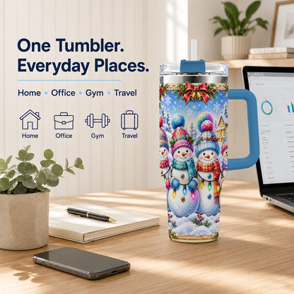 #pl[40oz|Blue] Snowman Friends 40oz Tumbler with Handle, Winter Village Travel Cup