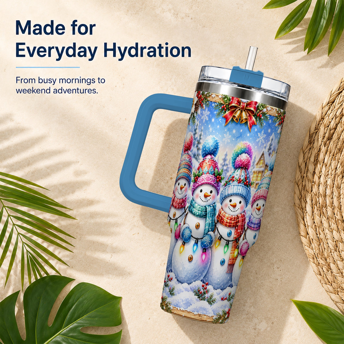#pl[40oz|Blue] Snowman Friends 40oz Tumbler with Handle, Winter Village Travel Cup