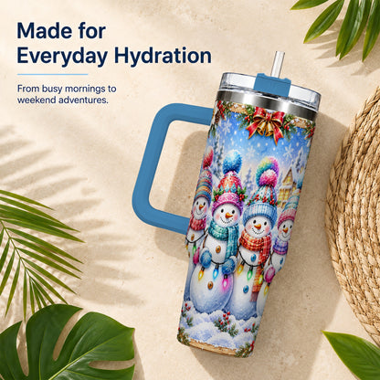 #pl[40oz|Blue] Snowman Friends 40oz Tumbler with Handle, Winter Village Travel Cup
