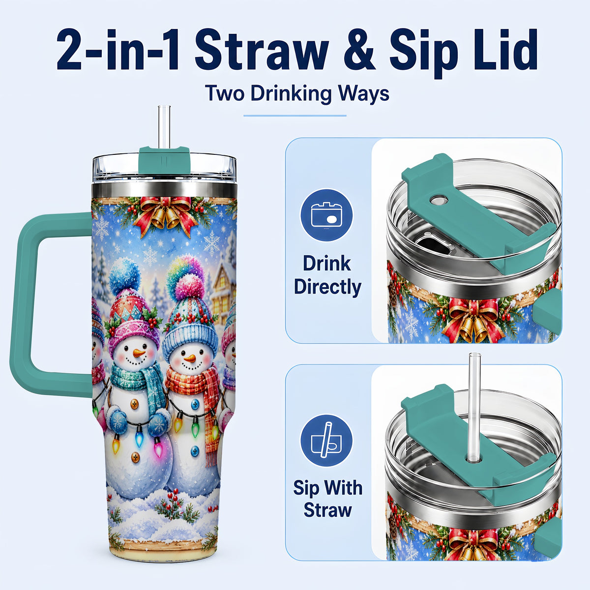 #pl[40oz|Green] Snowman Friends 40oz Tumbler with Handle, Winter Village Travel Cup