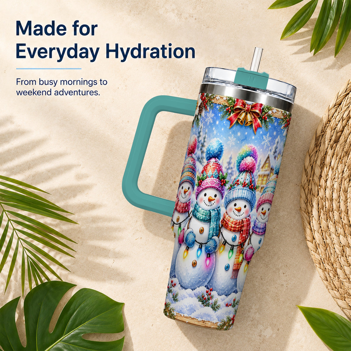 #pl[40oz|Green] Snowman Friends 40oz Tumbler with Handle, Winter Village Travel Cup