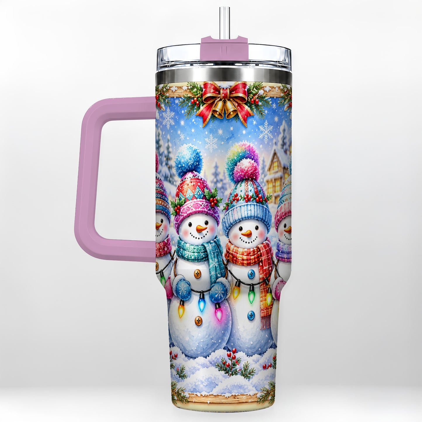 #pl[40oz|Pink] Snowman Friends 40oz Tumbler with Handle, Winter Village Travel Cup