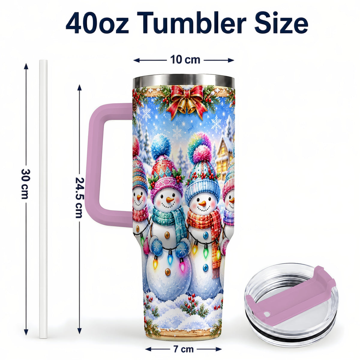 #pl[40oz|Pink] Snowman Friends 40oz Tumbler with Handle, Winter Village Travel Cup