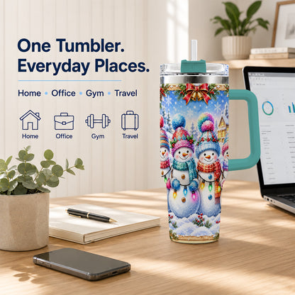 #pl[40oz|Green] Snowman Friends 40oz Tumbler with Handle, Winter Village Travel Cup