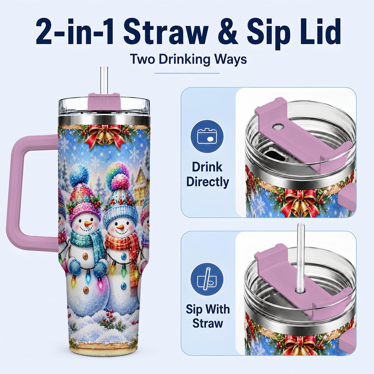 #pl[40oz|Pink] Snowman Friends 40oz Tumbler with Handle, Winter Village Travel Cup