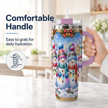 #pl[40oz|Pink] Snowman Friends 40oz Tumbler with Handle, Winter Village Travel Cup
