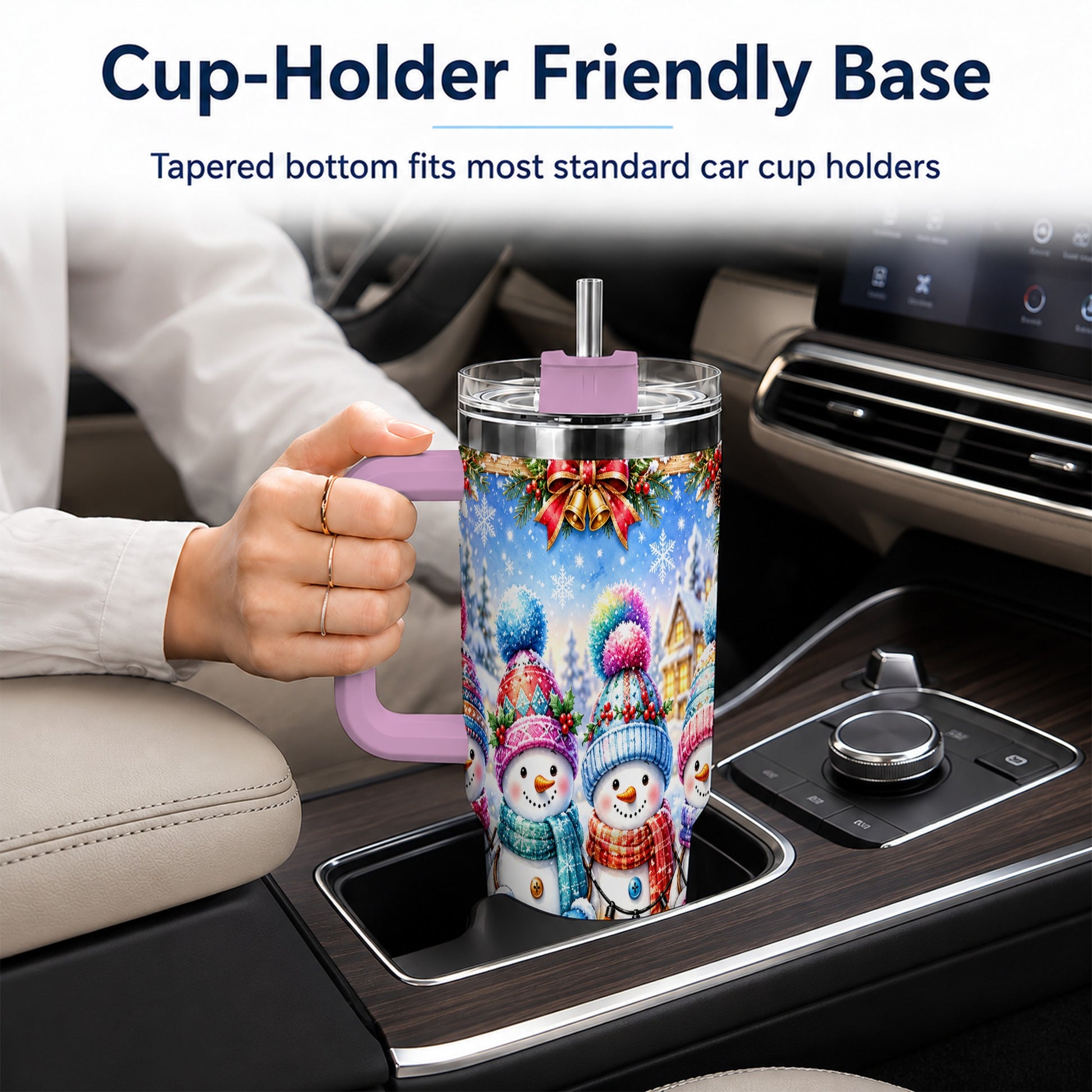 #pl[40oz|Pink] Snowman Friends 40oz Tumbler with Handle, Winter Village Travel Cup
