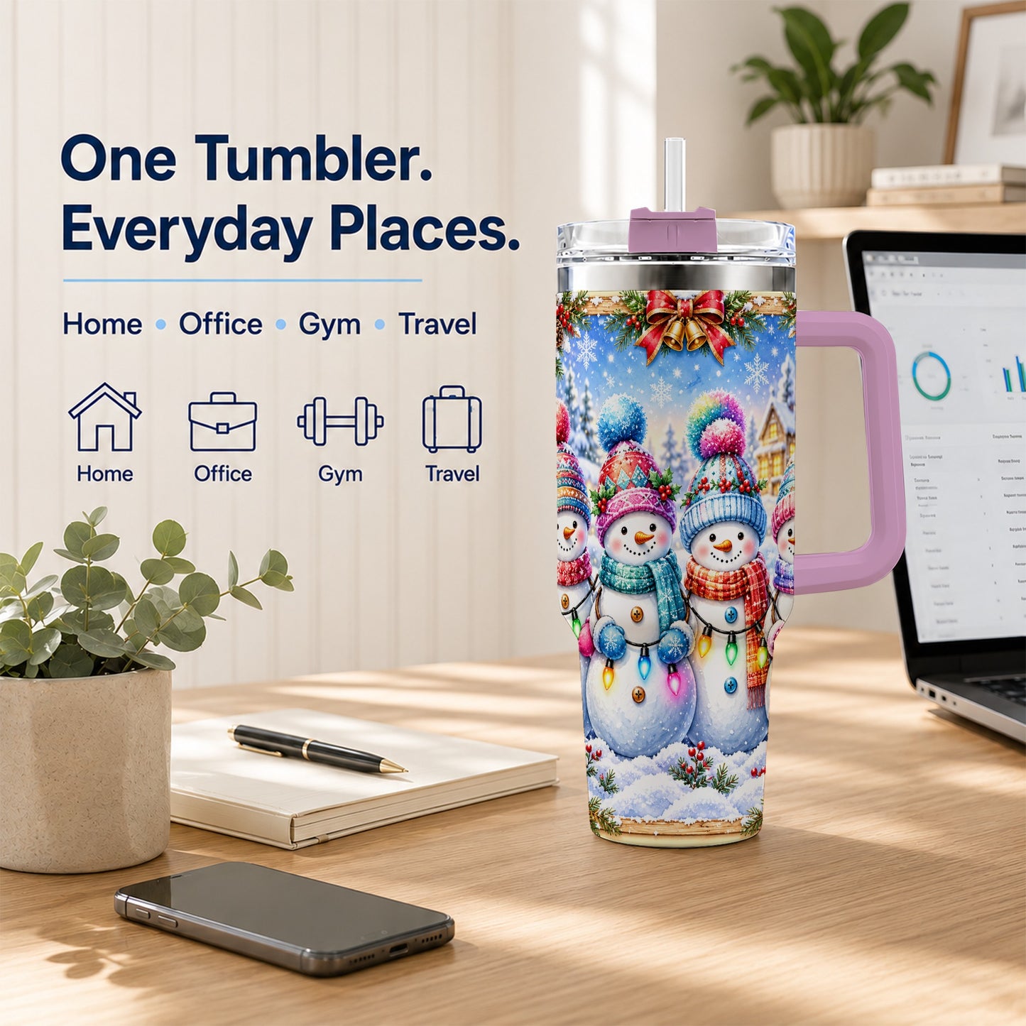 #pl[40oz|Pink] Snowman Friends 40oz Tumbler with Handle, Winter Village Travel Cup