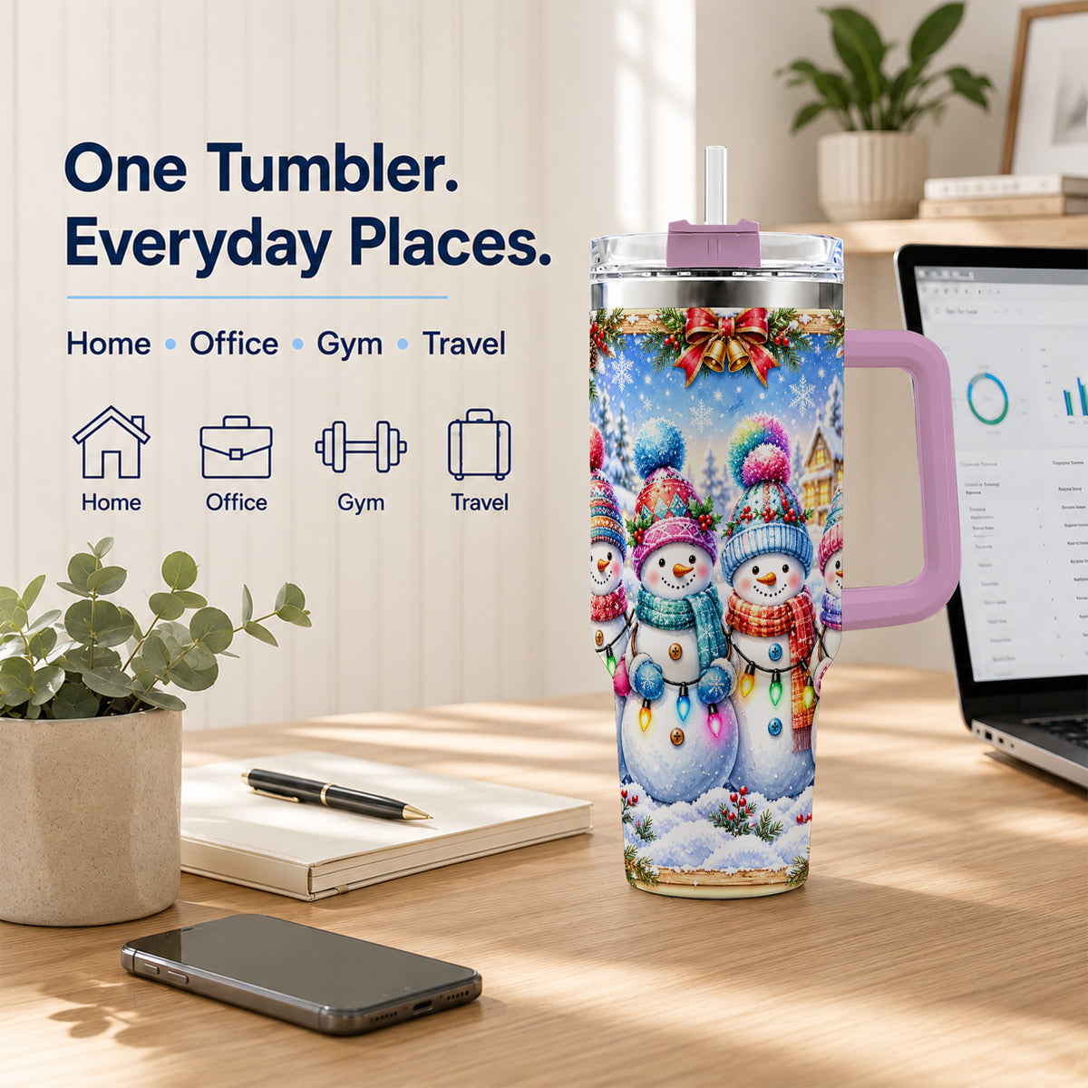 #pl[40oz|Pink] Snowman Friends 40oz Tumbler with Handle, Winter Village Travel Cup