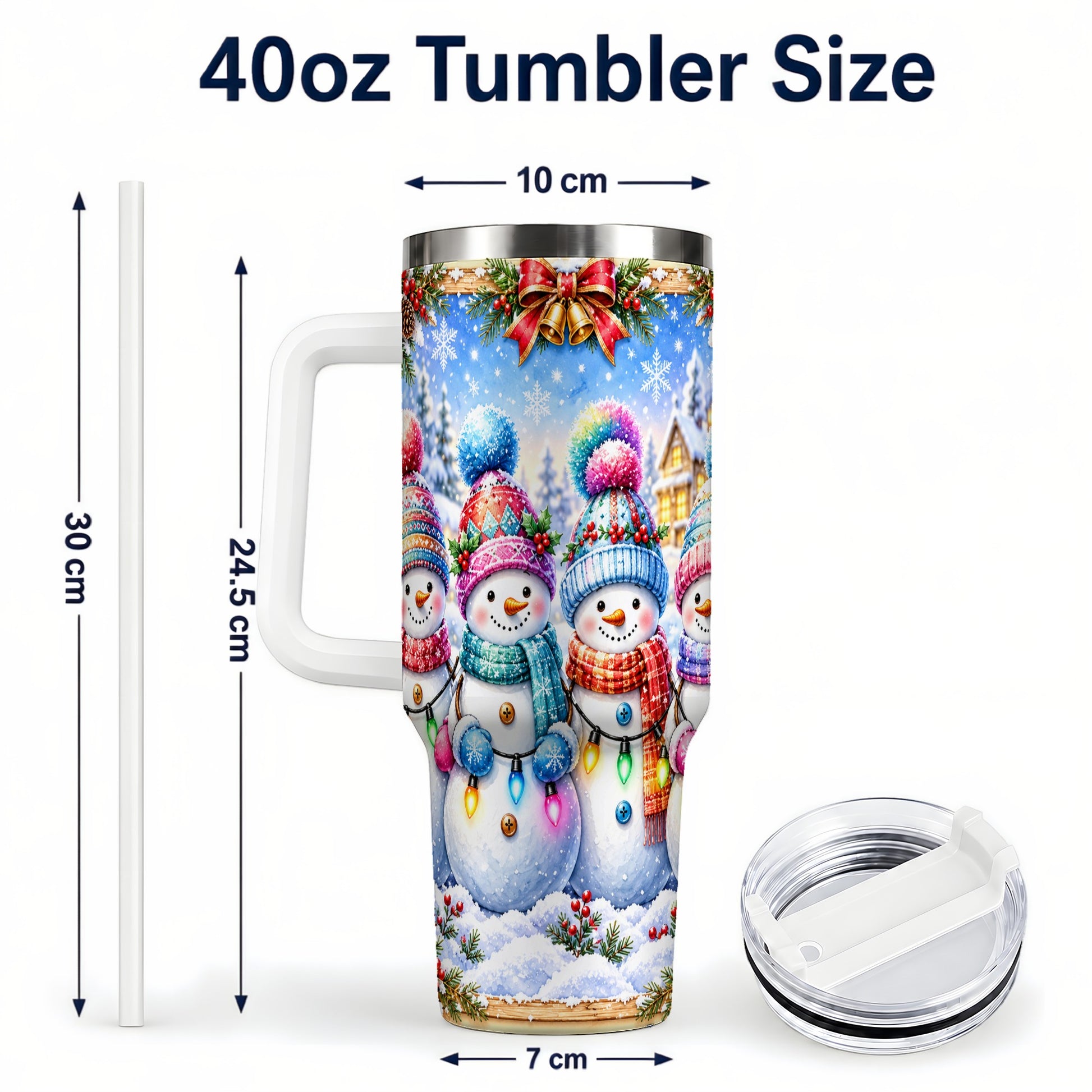 #pl[40oz|White] Snowman Friends 40oz Tumbler with Handle, Winter Village Travel Cup