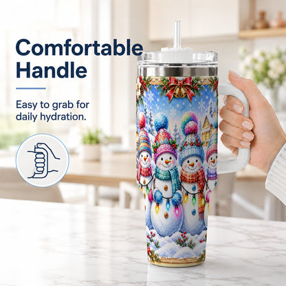 #pl[40oz|White] Snowman Friends 40oz Tumbler with Handle, Winter Village Travel Cup