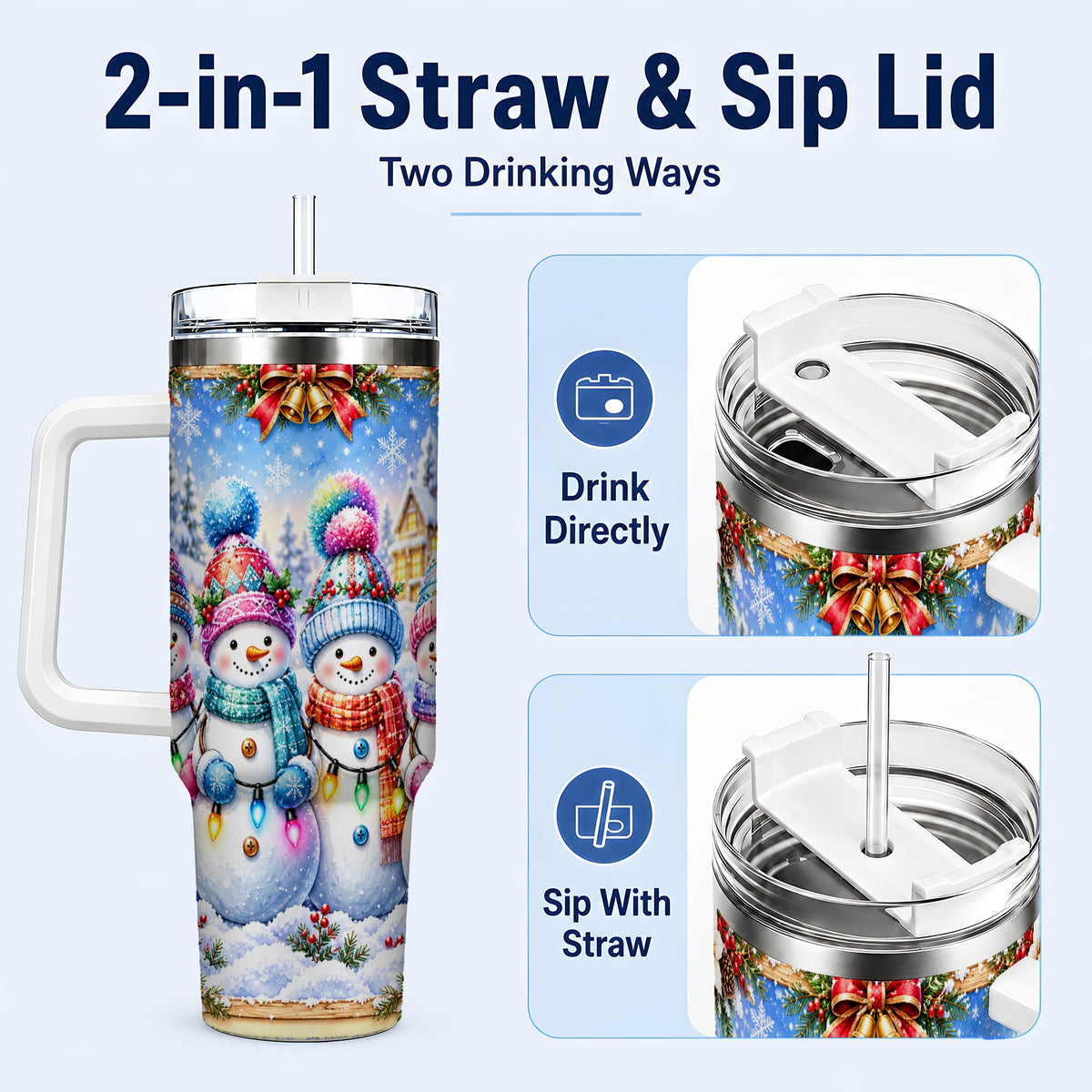 #pl[40oz|White] Snowman Friends 40oz Tumbler with Handle, Winter Village Travel Cup