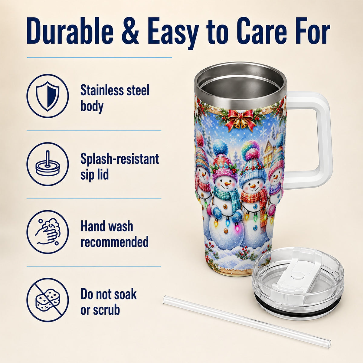 #pl[40oz|White] Snowman Friends 40oz Tumbler with Handle, Winter Village Travel Cup