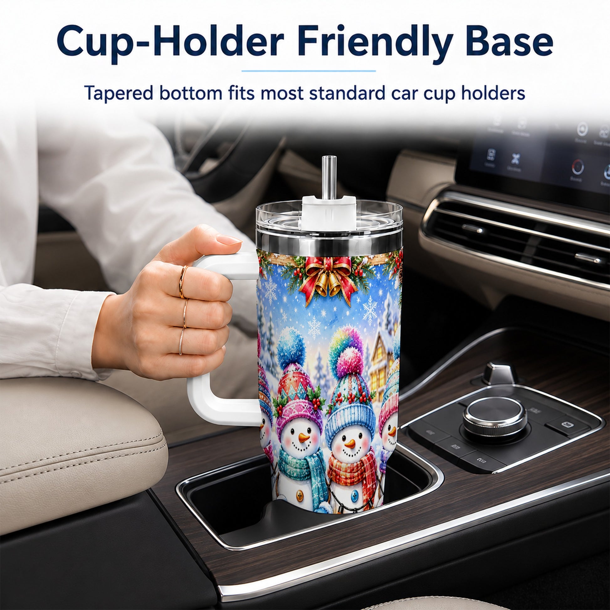 #pl[40oz|White] Snowman Friends 40oz Tumbler with Handle, Winter Village Travel Cup