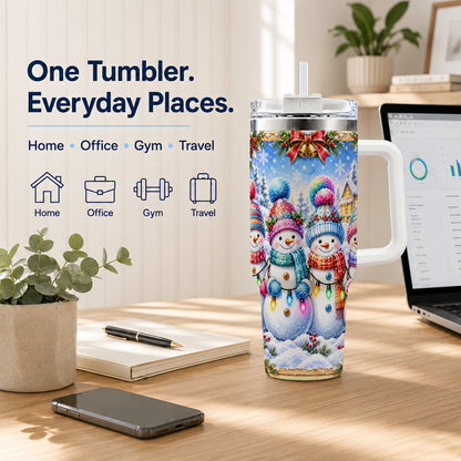 #pl[40oz|White] Snowman Friends 40oz Tumbler with Handle, Winter Village Travel Cup