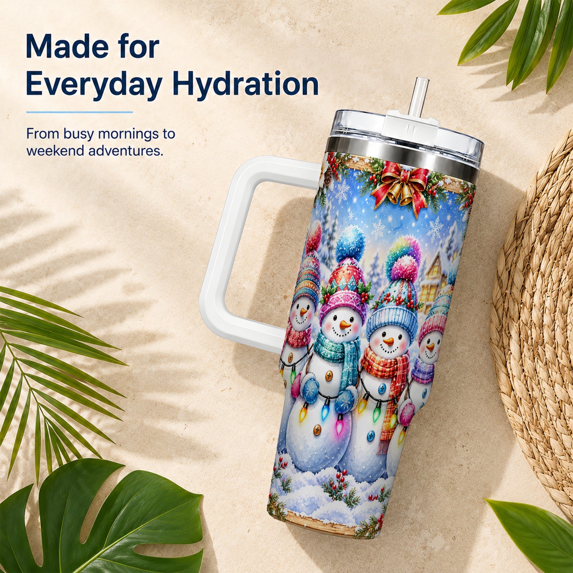 #pl[40oz|White] Snowman Friends 40oz Tumbler with Handle, Winter Village Travel Cup