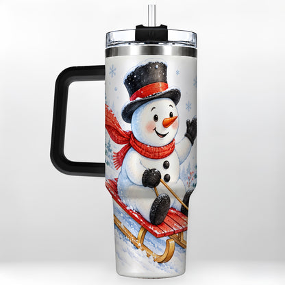 #pl[40oz|Black] Snowman 40oz Tumbler with Handle, Sledding Winter Travel Cup