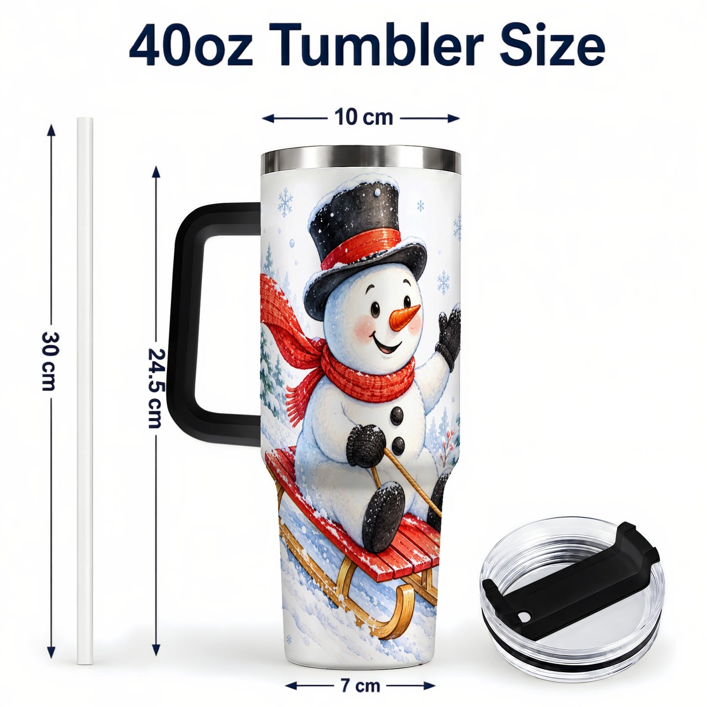 #pl[40oz|Black] Snowman 40oz Tumbler with Handle, Sledding Winter Travel Cup