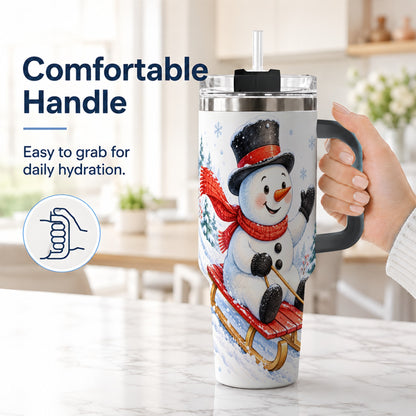 #pl[40oz|Black] Snowman 40oz Tumbler with Handle, Sledding Winter Travel Cup