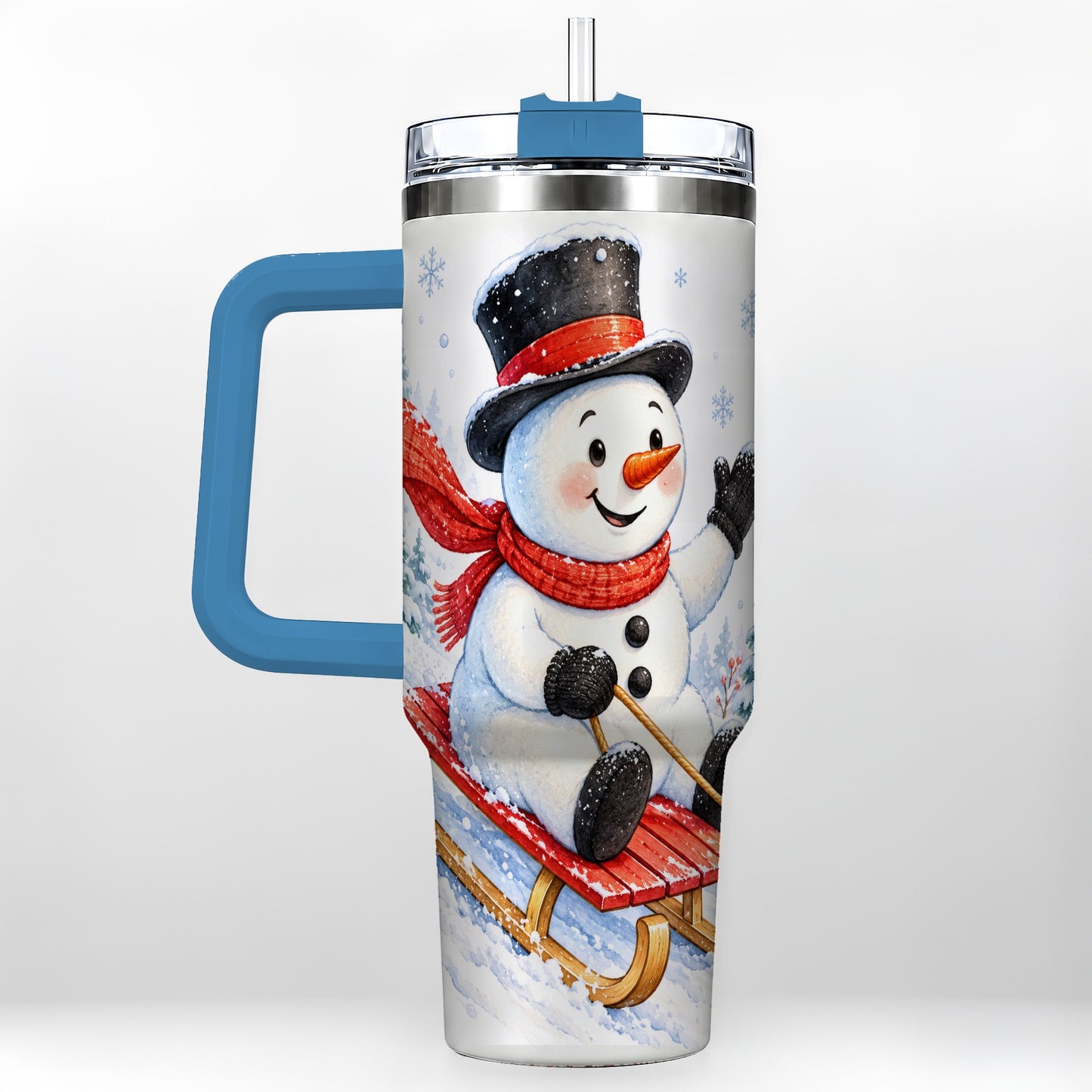 #pl[40oz|Blue] Snowman 40oz Tumbler with Handle, Sledding Winter Travel Cup