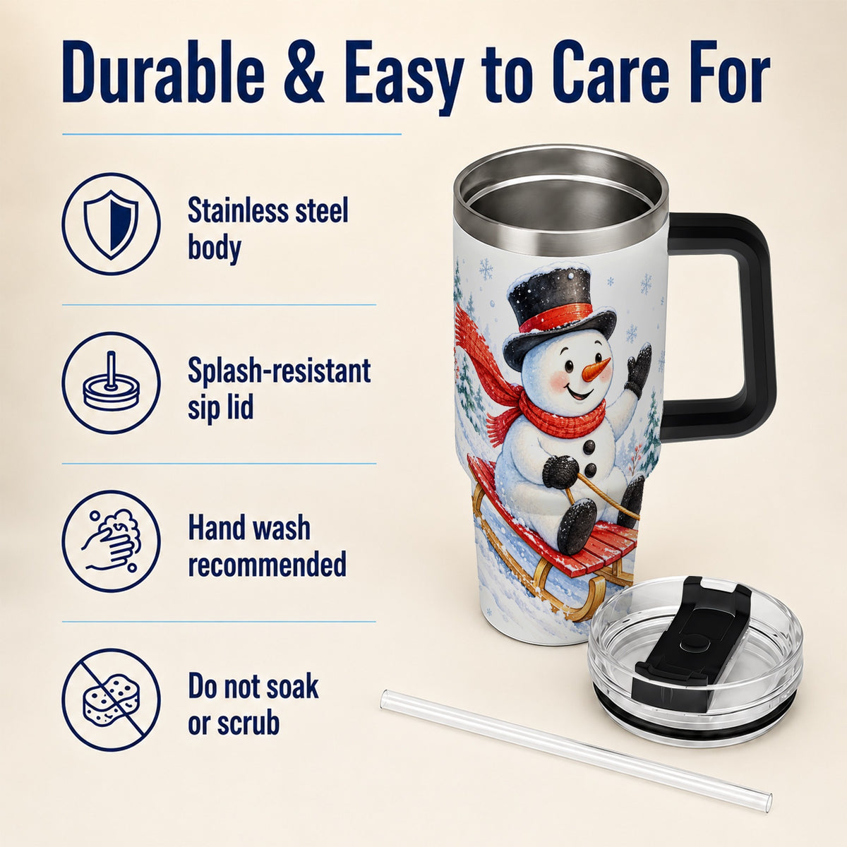 #pl[40oz|Black] Snowman 40oz Tumbler with Handle, Sledding Winter Travel Cup